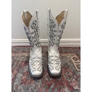 El Corral White Leather Silver Glitter Inlay Square Toe Western Boots Womens 7